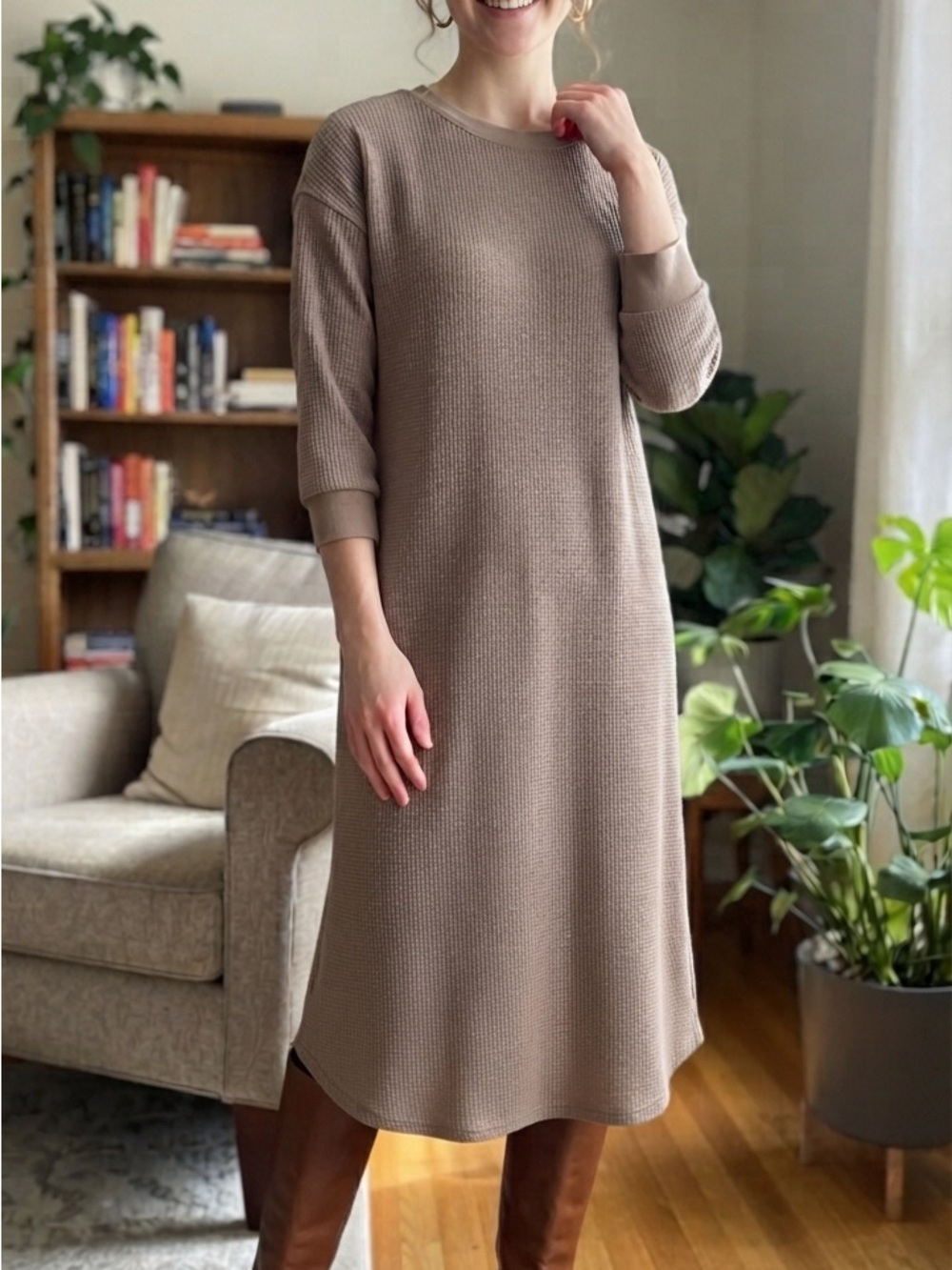Uniqlo Taupe Waffle-Knit‎ Midi Dress A2-019